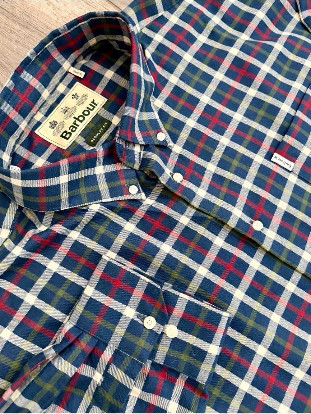 Barbour Blue, White, Red & Green Plaid Button-Down Flannel Shirt